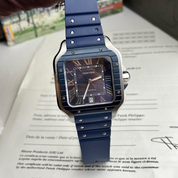 Montre Cartier Santos WSSA0030, cadran bleu, bracelet en caoutchouc, 39,8 mm