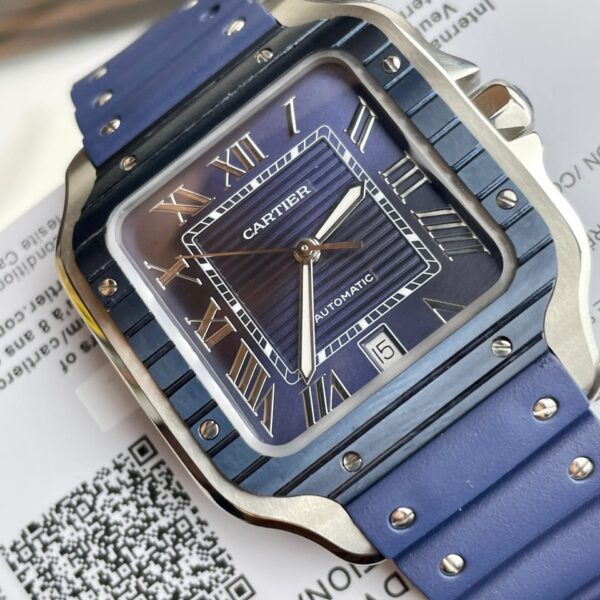 Cartier Santos WSSA0030 watch, blue dial, rubber strap, 39.8 mm